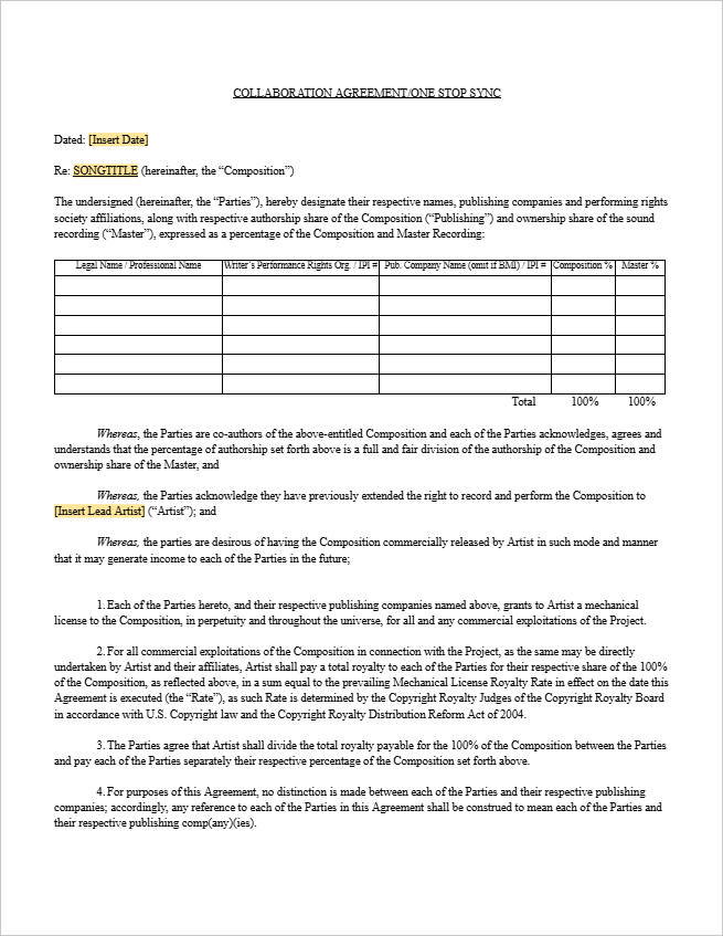 Split Sheet Template — Collaboration Agreement/One-Stop Sync