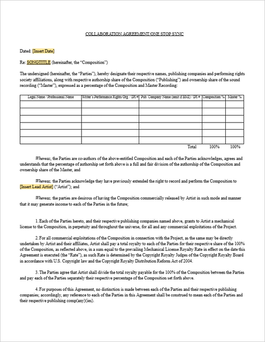 Split Sheet Template — Collaboration Agreement/One-Stop Sync